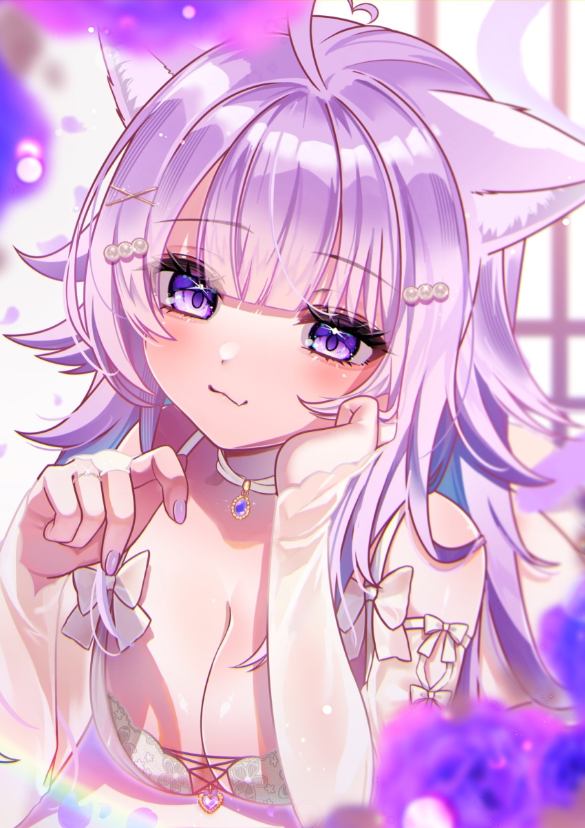 1girl animal_ears bare_shoulders blurry blurry_background blush bra breasts cat_ears cat_girl cleavage highres hololive indoors komiojisan long_hair nekomata_okayu purple_eyes purple_hair solo underwear upper_body virtual_youtuber white_bra