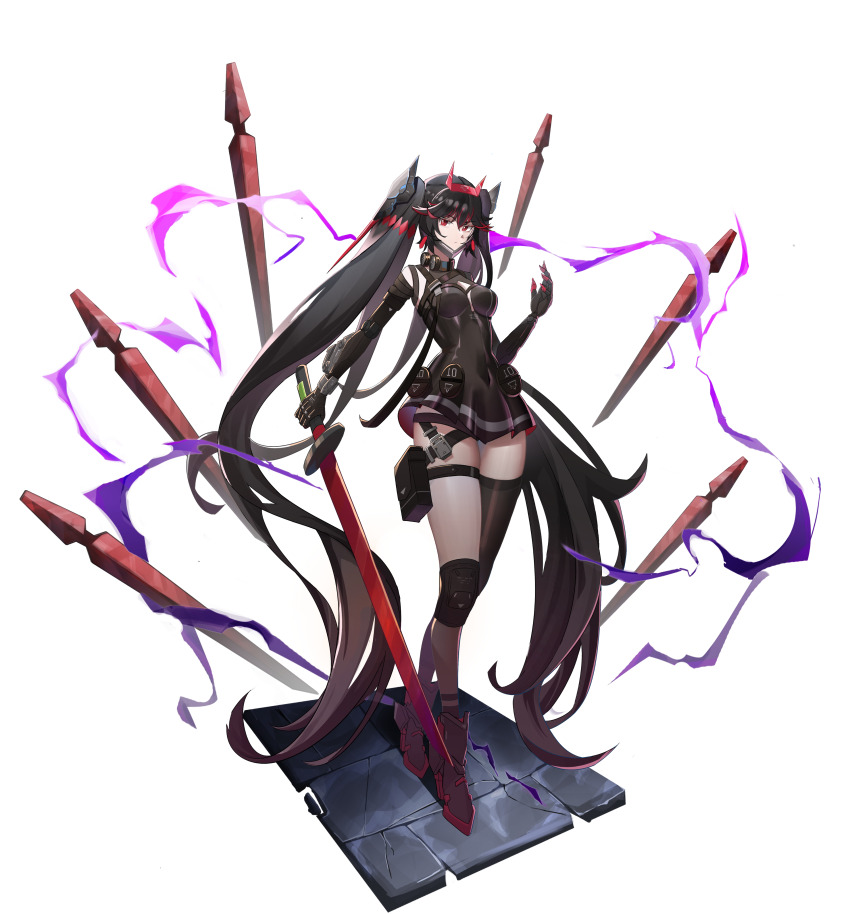 1girl absurdly_long_hair absurdres black_dress black_hair black_thighhighs dress fake_horns floating floating_object floating_weapon full_body headgear highres holding holding_sword holding_weapon horns joints katana long_hair lucia:_dawn_(pgr) lucia_(pgr) mechanical_arms pouch punishing:_gray_raven red_eyes red_horns red_streaks robot_joints single_thighhigh solo sword thigh_pouch thighhighs twintails very_long_hair weapon zhangziyussj
