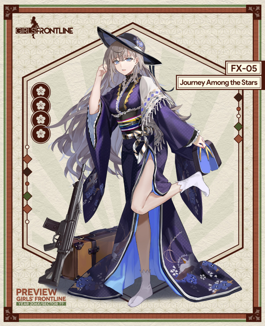 1girl adjusting_hair animal_print assault_rifle bird_print black_hat black_sash blue_eyes brown_hair character_name commentary copyright_name english_commentary fingernails floral_print floral_print_kimono full_body fx-05_(girls&#039;_frontline) fx-05_(journey_among_the_stars)_(girls&#039;_frontline) fx-05_xiuhcoatl girls&#039;_frontline gun hat highres holding holding_sandals holding_unworn_clothes japanese_clothes kimono long_hair long_sleeves looking_at_viewer miyazakisoul obi official_alternate_costume official_art okobo pink_nails platform_sandals print_headwear print_kimono purple_kimono rifle sandals sash second-party_source shadow shawl smile socks solo standing standing_on_one_leg suitcase tabi two-sided_fabric very_long_hair weapon white_shawl white_socks wide_brim wide_sleeves