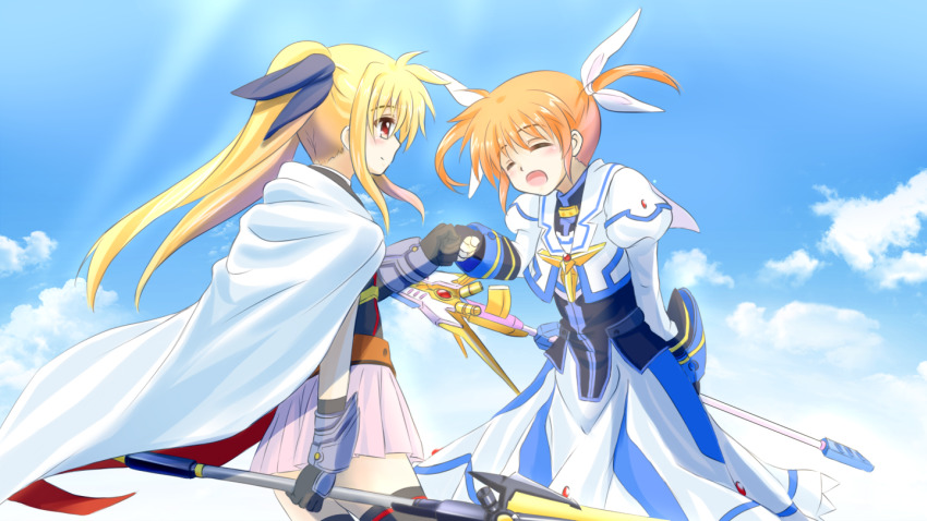2girls bardiche_(nanoha) bardiche_(zanber_form)_(nanoha) blonde_hair closed_eyes cloud cloudy_sky couple fate_testarossa fate_testarossa_(blaze_form) fist_bump flying happy kerorokjy long_hair looking_at_another lyrical_nanoha mahou_shoujo_lyrical_nanoha mahou_shoujo_lyrical_nanoha_a&#039;s multiple_girls open_mouth orange_hair raising_heart raising_heart_(exelion_mode)_(2nd) red_eyes short_hair short_twintails sky smile takamachi_nanoha takamachi_nanoha_(exelion_mode) twintails yuri