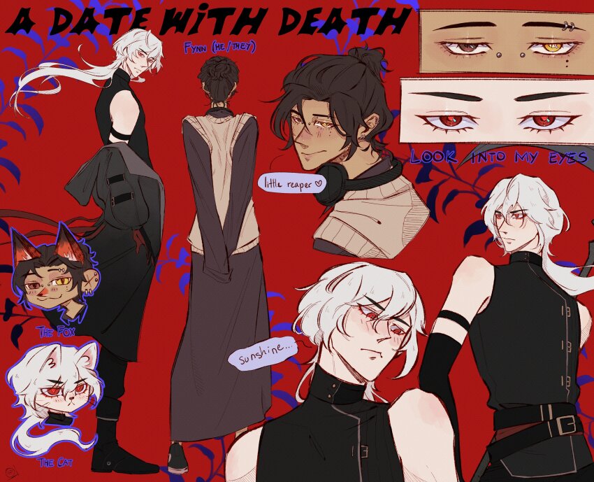 2boys :&lt; :3 a_date_with_death absurdres animal_ears belt black_boots black_gloves blush boots brown_eyes brown_hair brown_shirt casper_(a_date_with_death) chibi chibi_inset colored_speech_bubble dog_ears double-parted_bangs earrings elbow_gloves eyebrow_piercing face_piercing fox_ears full_body gloves hair_between_eyes hair_bun hair_flowing_over head_tilt headphones headphones_around_neck heterochromia highres hoop_earrings jacket jacket_on_shoulders jewelry light_blush long_hair long_skirt looking_at_another multiple_belts multiple_boys multiple_views nose_blush outline piercing plant purple_outline red_background red_eyes sadlad03 shirt single_elbow_glove skirt sleeveless sleeveless_turtleneck slit_pupils speech_bubble sweater_vest turtleneck white_hair yellow_eyes zooming_in