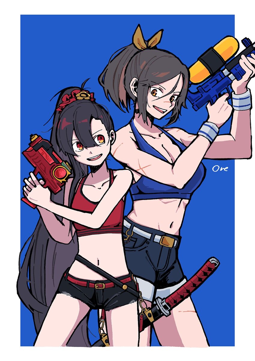 2girls belt black_hair blue_background brown_eyes brown_hair denim denim_shorts fate/grand_order fate_(series) goma1021 hair_ornament hair_scrunchie highres holding holding_water_gun katana midriff multiple_girls navel oda_nobunaga_(fate) ponytail red_belt red_eyes scar scar_on_arm scar_on_face scar_on_nose scrunchie shorts sugitani_zenjubou_(fate) sword water_gun weapon white_belt wristband