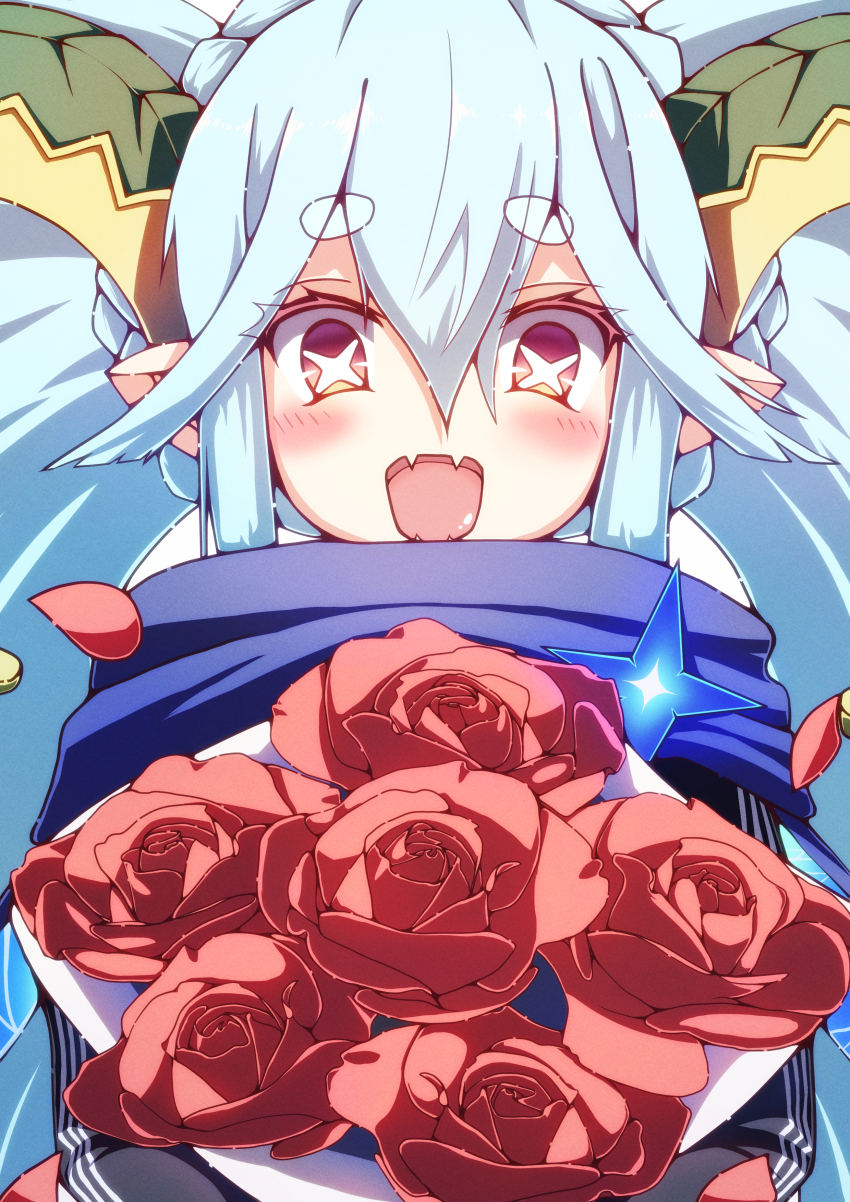 1girl absurdres aqua_hair black_dress blue_scarf bouquet braid crown_braid curled_horns dress fate/grand_order fate_(series) flower hair_between_eyes highres horns larva_tiamat_(fate) larva_tiamat_(second_ascension)_(fate) long_hair long_horns long_sleeves looking_at_viewer open_mouth peisuto pink_eyes pointy_ears scarf sidelocks smile solo symbol-shaped_pupils tiamat_(fate) twintails very_long_hair