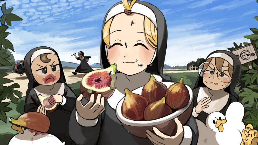 4girls ant bandaged_arm bandages bandaid bandaid_on_face bandaid_on_forehead bird blonde_hair blue_eyes brown_eyes brown_hair bug chasing chicken clumsy_nun_(diva) commentary diva_(hyxpk) duck duckling eating english_commentary fig froggy_nun_(diva) glasses glasses_nun_(diva) habit highres holding holding_knife hungry_nun_(diva) insect knife little_nuns_(diva) multiple_girls nun outdoors round_eyewear running slice_of_life traditional_nun turkey_(bird)