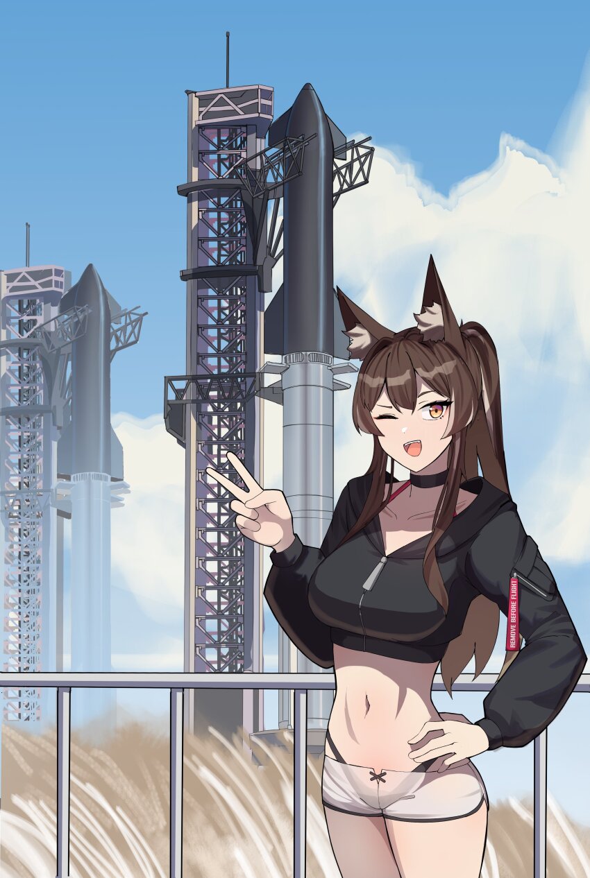 absurdres against_railing animal_ears black_choker blue_sky brown_hair callisto_(greyeth) choker commission crop_top fox_ears fox_girl gar32 hand_on_own_hip highres launch_tower long_hair multicolored_hair original ponytail railing remove_before_flight_tag rocket short_shorts shorts sky smile spacex spacex_starship streaked_hair v