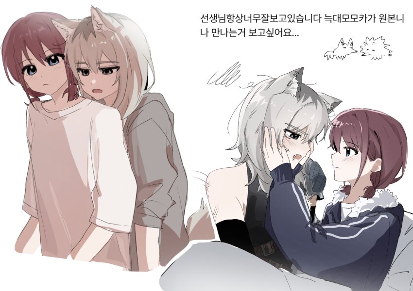 2girls animal_ear_piercing animal_ears black_shirt blue_eyes blue_jacket blush closed_mouth commentary_request fang girls_band_cry_rpg grey_eyes grey_hoodie hands_on_another&#039;s_face highres hood hoodie i2727272727 iseri_nina jacket kawaragi_momoka korean_commentary korean_text looking_at_another multiple_girls open_mouth red_hair shirt short_twintails simple_background smile translation_request twintails white_background white_shirt wolf_ears yuri