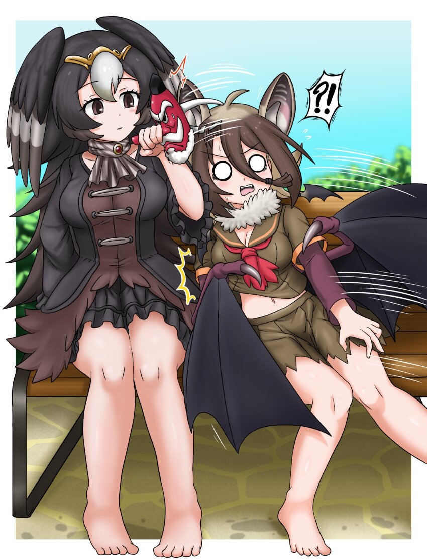 2girls ^^^ adansosutega animal_ears ascot bare_legs barefoot bat_ears bat_girl bat_wings bench bird_wings black_hair border breasts brooch brown_eyes brown_hair cleavage day dress extra_ears frilled_sleeves frills front_ponytail fur_collar grabbing grey_hair hair_between_eyes head_wings highres hilgendorf&#039;s_tube-nose_bat_(kemono_friends) jewelry kemono_friends knees_together_feet_apart layered_sleeves leaning_to_the_side light_smile long_hair long_sleeves looking_at_another mask mask_on_head medium_breasts midriff_peek motion_lines multicolored_hair multiple_girls multiple_wings navel o_o on_bench open_mouth outdoors outside_border park_bench parted_lips pulling shirt short_dress short_over_long_sleeves short_sleeves side-by-side sitting skirt stomach striated_caracara_(kemono_friends) surprised sweat tengu_mask toes torn_clothes torn_shirt torn_skirt two-tone_hair v-shaped_eyebrows very_long_hair white_border wide_sleeves wings