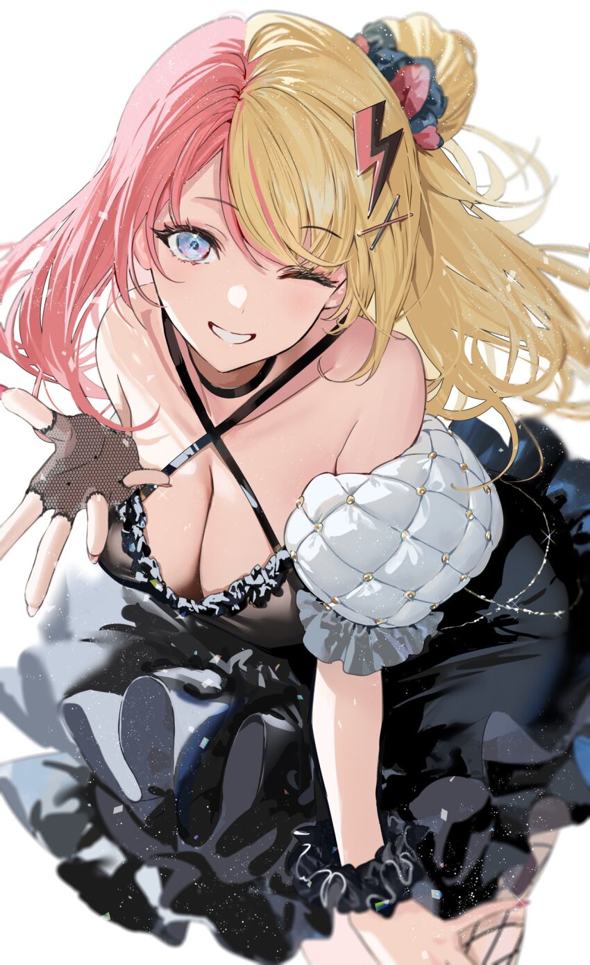 1girl black_dress blonde_hair blue_eyes breasts cleavage commentary criss-cross_halter dress english_commentary fingerless_gloves fishnet_gloves fishnets gloves hair_bun hair_ornament halterneck highres kotoka_torahime lightning_bolt lightning_bolt_hair_ornament lightning_bolt_symbol long_hair looking_at_viewer mimoza_(96mimo414) mixed-language_commentary multicolored_hair nijisanji nijisanji_en off-shoulder_dress off_shoulder one_eye_closed pink_hair scrunchie simple_background smile solo split-color_hair virtual_youtuber white_background wrist_scrunchie