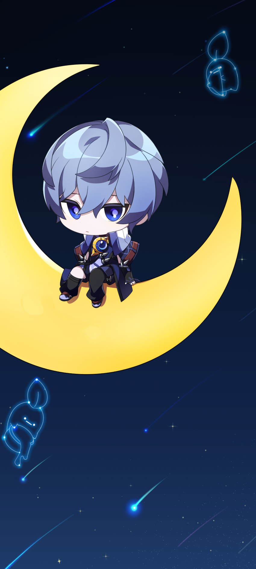 1boy absurdres artist_request asymmetrical_legwear black_gloves black_pantyhose black_socks blue_brooch blue_eyes blue_shirt blue_shorts chibi closed_mouth collared_shirt crescent_moon elsword expressionless fingerless_gloves gloves grey_hair hair_between_eyes high_collar highres kneehighs light_frown looking_at_viewer loose_hair_strand moon night night_sky noah_ebalon official_art on_crescent pantyhose purple_pupils purple_shorts second-party_source shirt shooting_star short_hair short_sleeves shorts single_leg_pantyhose sitting sky socks solo star_(sky) starry_sky