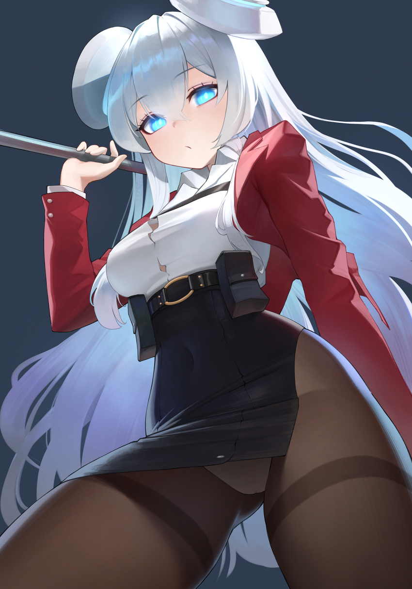1girl absurdres belt black_skirt blue_background blue_eyes cameltoe collared_shirt commission counter:side covered_navel cropped_jacket from_below glowing_headgear hair_between_eyes hantata headgear high-waist_skirt highres holding holding_lead_pipe horizon_(counter:side) jacket lead_pipe long_hair looking_at_viewer open_clothes open_jacket pantyhose red_jacket shirt shirt_tucked_in simple_background skirt solo thighband_pantyhose white_hair white_shirt