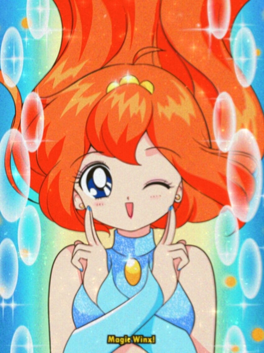 1990s_(style) 1girl ahoge animification bad_id bad_twitter_id bare_shoulders bishoujo_senshi_sailor_moon bloom_(winx_club) blue_arm_warmers blue_background blue_eyes blue_nails blue_shirt bubble chest_jewel commentary crop_top crossed_arms dot_nose earrings english_commentary english_text eyelashes eyeshadow fake_screenshot faux_retro_artstyle film_grain floating_hair gem glitter gold_tiara hair_floating_upwards happy highres honeymoonpetal jewelry light_blush light_particles long_hair looking_at_viewer magical_girl makeup midriff mini_tiara nail_polish one_eye_closed open_mouth orange_hair parody pink_eyeshadow retro_artstyle shirt smile solo sparkle stud_earrings style_parody tareme turtleneck turtleneck_shirt upper_body very_long_hair winx_club yellow_gemstone