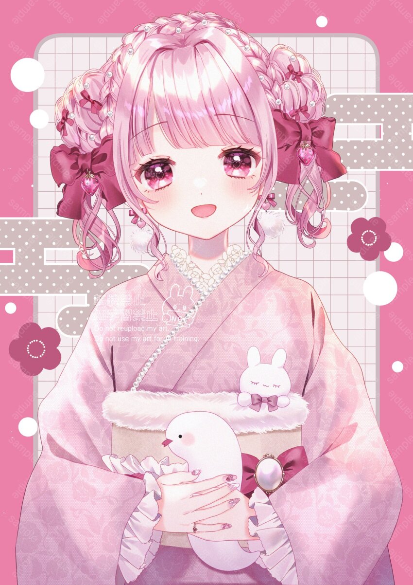 1girl azarashi6 blunt_bangs blush bow braid braided_twintails commentary earrings egasumi food frilled_kimono frills fruit gem-studded_nails hair_bow hair_intakes heart heart-shaped_pupils highres holding holding_stuffed_toy indie_virtual_youtuber itsuki_arisa japanese_clothes jewelry kimono lace lace-trimmed_kimono lace_trim looking_at_viewer multiple_hair_bows nail_art obi pearl_hair_ornament pink_background pink_bow pink_eyes pink_hair pink_kimono pink_nails rope_braid sample_watermark sash sidelocks solo strawberry stuffed_animal stuffed_rabbit stuffed_toy symbol-only_commentary symbol-shaped_pupils twintails upper_body virtual_youtuber watermark wavy_hair