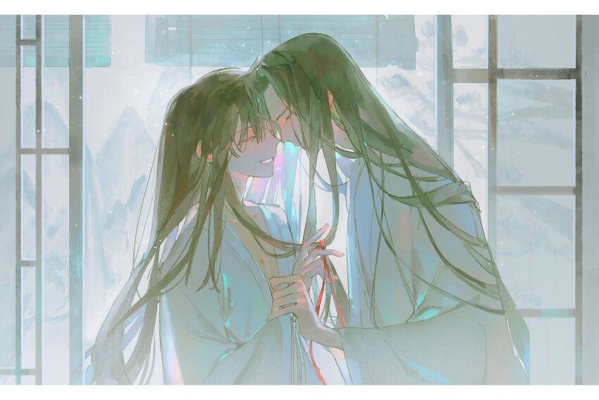 2boys absurdres alternate_costume alternate_hairstyle bathrobe bishounen black_hair blush brown_hair chinese_clothes chinese_commentary closed_eyes collarbone couple face-to-face forehead-to-forehead from_side hair_down hanfu heads_together hickey highres holding holding_another&#039;s_wrist holding_ribbon indoors lan_wangji lattice light_particles long_hair long_sleeves male_focus modao_zushi mountain multiple_boys parted_lips profile red_ribbon ribbon robe sidelocks sliding_doors smile snow snowing upper_body very_long_hair wei_wuxian white_robe wide_sleeves window window_blinds xianyu_tuitui yaoi