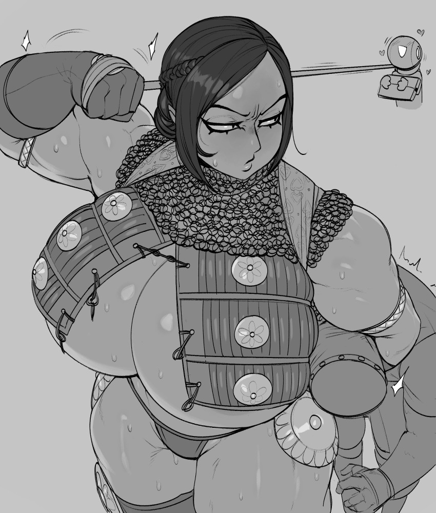 1girl armband armor bikini_armor blush braid breasts chainmail cleavage clenched_hand closed_mouth collar cowboy_shot gloves greyscale hand_up headlock highres holding holding_leash huge_breasts krekkball krekkov leash looking_at_another looking_back monochrome muscular muscular_female original revealing_clothes simple_background steam sweat v-shaped_eyebrows