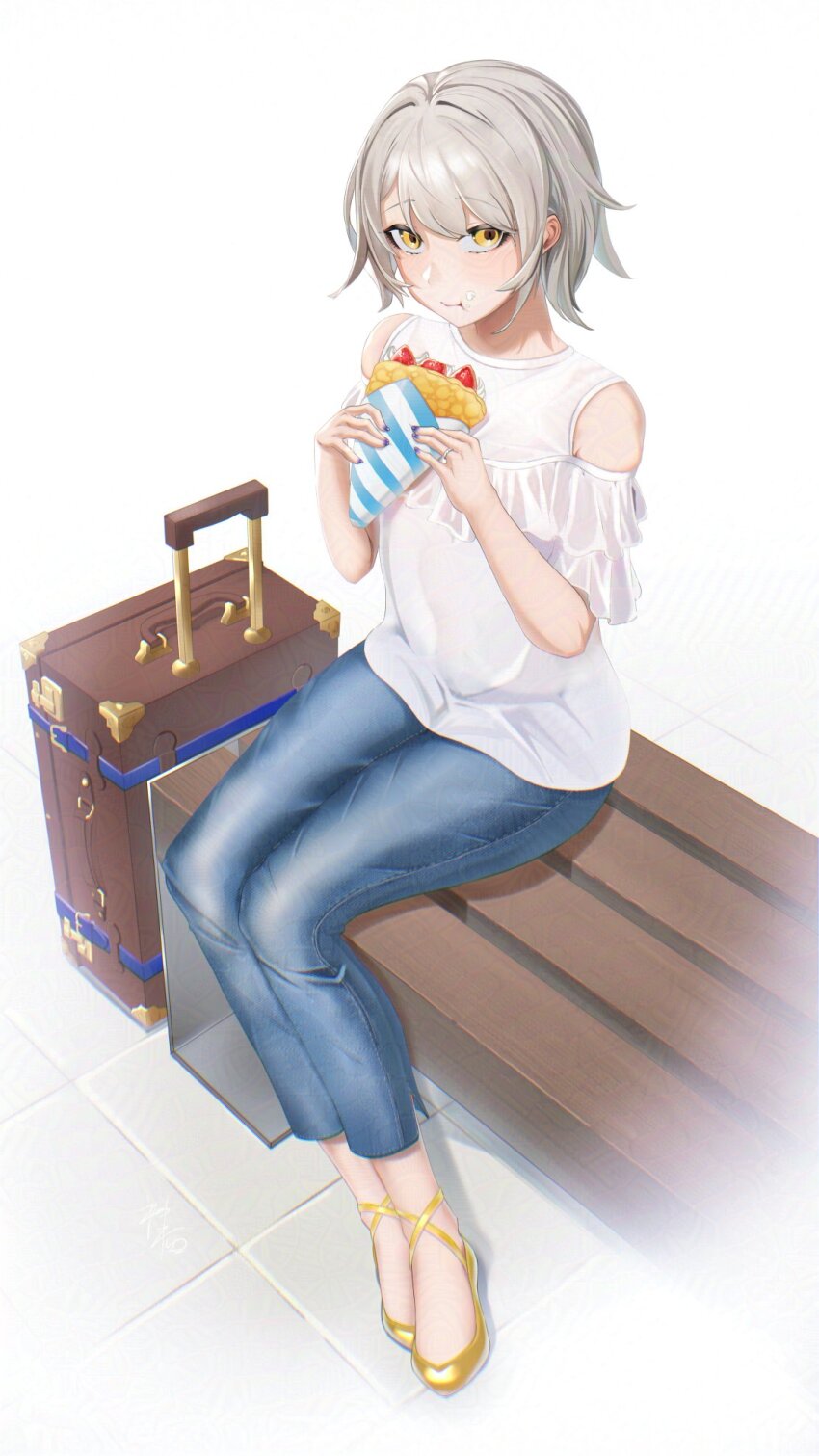 1girl alternate_costume bench clothing_cutout cream cream_on_face crepe denim food food_on_face full_body girls&#039;_frontline grey_hair hashtag-only_commentary highres holding holding_crepe holding_food jeans jewelry kamisu looking_at_viewer on_bench pants purple_nails ring rolling_suitcase shirt shoes short_hair shoulder_cutout simple_background sitting solo suitcase vector_(girls&#039;_frontline) wedding_ring white_background white_shirt yellow_eyes yellow_shoes