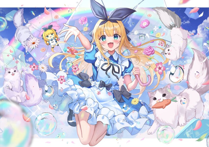 1girl :d akabane_(zebrasmise) apron black_bow black_ribbon black_shoes blonde_hair blue_dress blush bow bubble cat character_doll cloud cloudy_sky collared_dress dress falling_petals flower frilled_apron frilled_dress frills full_body green_eyes hair_ribbon highres holding holding_umbrella long_hair looking_at_viewer mononobe_alice mononobe_alice_(1st_costume) nijisanji open_mouth petals pink_flower puffy_short_sleeves puffy_sleeves rainbow ribbon shoes short_sleeves sky smile solo umbrella virtual_youtuber white_apron white_flower yellow_flower
