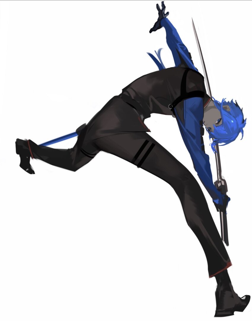 1boy ahoge belt black_gloves black_pants blue_eyes blue_hair blue_sleeves character_request copyright_request dark-skinned_male dark_skin full_body gloves highres holding holding_sword holding_weapon invisible_floor leaning_forward looking_at_viewer nineo pants sidelocks simple_background solo spread_fingers sword vest weapon white_background