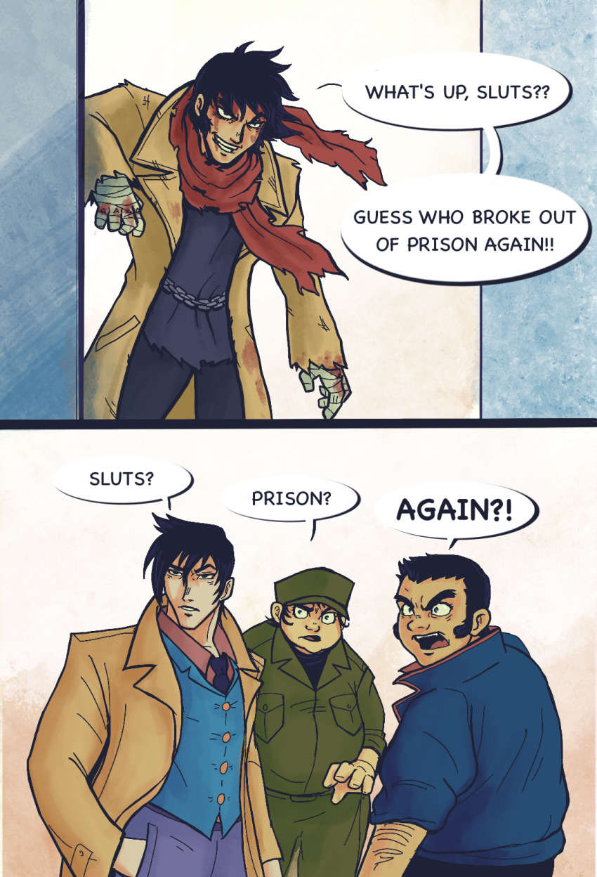 4boys arm_hair benkei_kuruma black_hair blood blood_from_mouth blood_on_clothes blood_on_face blood_on_hands blue_jacket brown_coat chain_belt coat emeraldcodex english_text getter_robo green_headwear hand_in_pocket hat highres jacket jin_hayato male_focus military_uniform multiple_boys musashi_tomoe nagare_ryoma necktie open_clothes open_coat red_scarf scarf shin_getter_robo sideburns speech_bubble torn_clothes torn_scarf