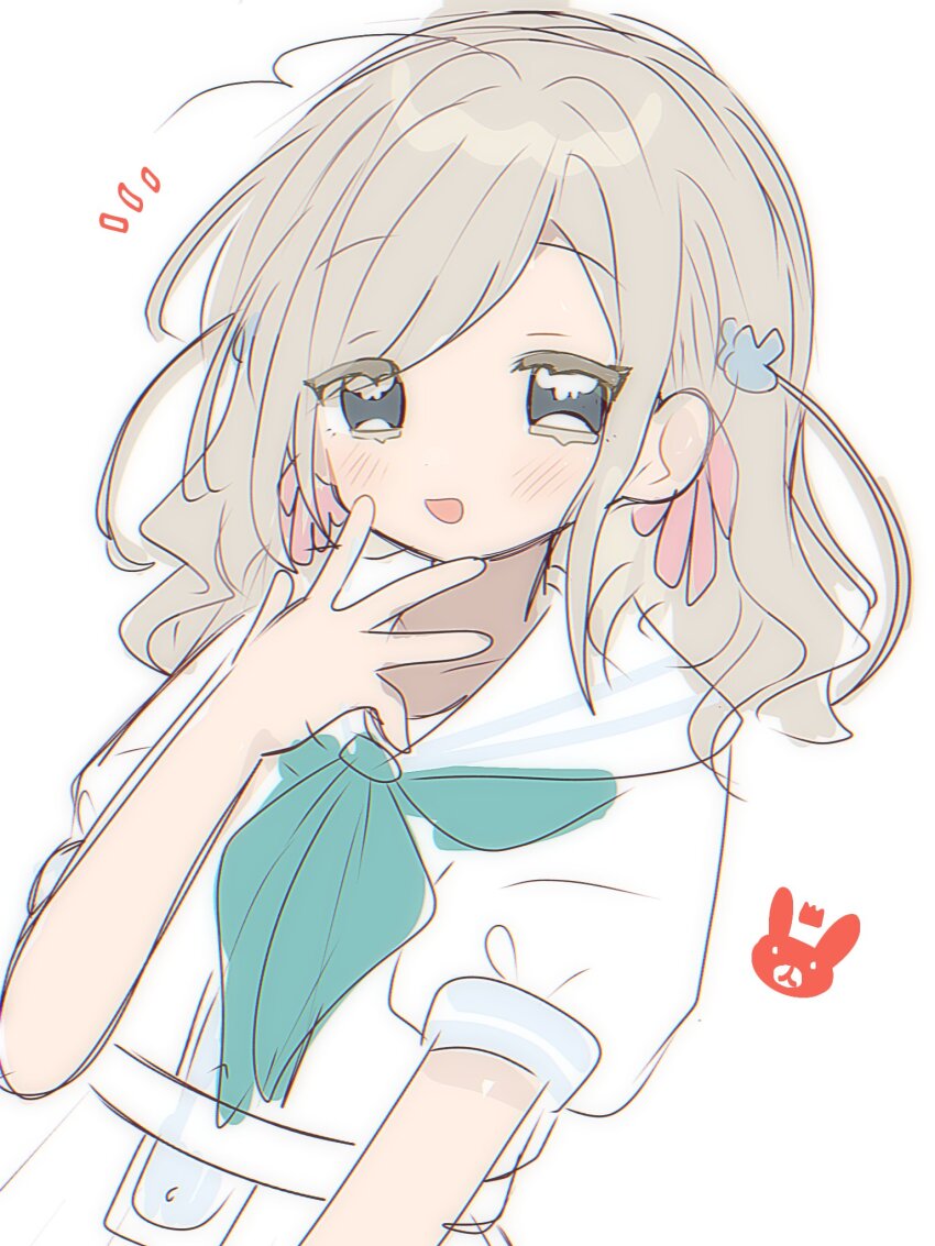 1girl :d aqua_neckerchief borrowed_hairstyle ceras_yanagida_lilienfeld character_logo col_person colored_eyelashes commentary dress grey_hair hair_ornament hair_ribbon hasu_no_sora_school_uniform highres hinoshita_kaho link!_like!_love_live! long_hair looking_at_viewer love_live! neckerchief notice_lines open_mouth pink_ribbon puffy_short_sleeves puffy_sleeves rabbit_hair_ornament ribbon school_uniform short_sleeves simple_background smile solo symbol-only_commentary two_side_up upper_body virtual_youtuber white_background white_dress