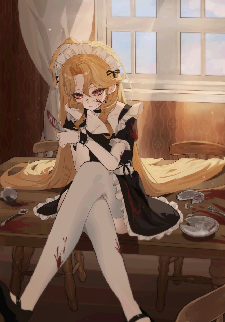 1girl ahoge black_dress black_footwear blonde_hair blood blood_on_clothes blood_on_face bloody_knife breasts cleavage don_quixote_(project_moon) dress flaqjtmfmf frilled_dress frills highres holding holding_knife knife limbus_company long_hair maid_headdress project_moon red_eyes sancho_(project_moon) solo table table_knife thighhighs white_headdress white_thighhighs wooden_chair wooden_table wrist_cuffs