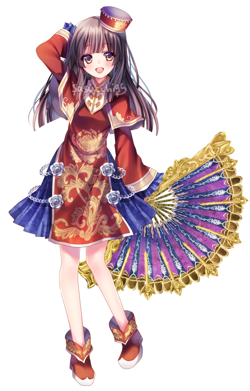 1girl :d absurdres arm_at_side arm_behind_head artist_name black_hair blue_skirt blunt_bangs blunt_ends blush chain chakram chinese_clothes commentary da_qiao_(shin_sangoku_musou) flower frilled_sleeves frills full_body hat highres hime_cut holding long_hair long_sleeves medium_skirt open_mouth pleated_skirt red_footwear red_hat rose round_teeth sasucchi95 shin_sangoku_musou sidelocks simple_background skirt smile solo standing standing_on_one_leg straight-on teeth transparent_background upper_teeth_only weapon white_flower white_rose wide_sleeves yellow_eyes