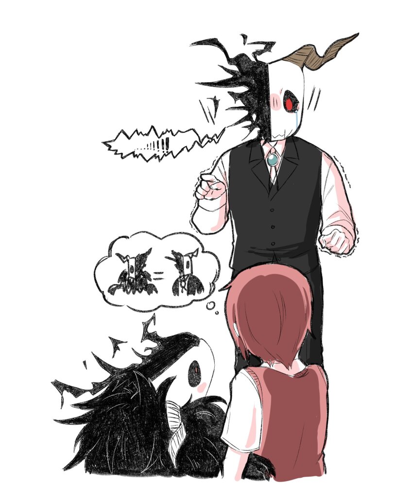 ! !! 1boy 1girl animal_head animal_skull black_vest bolo_tie delfuze elias_ainsworth hatori_chise highres horns long_sleeves mahou_tsukai_no_yome red_hair red_vest shirt simple_background skull_head spoken_exclamation_mark vest white_background white_shirt