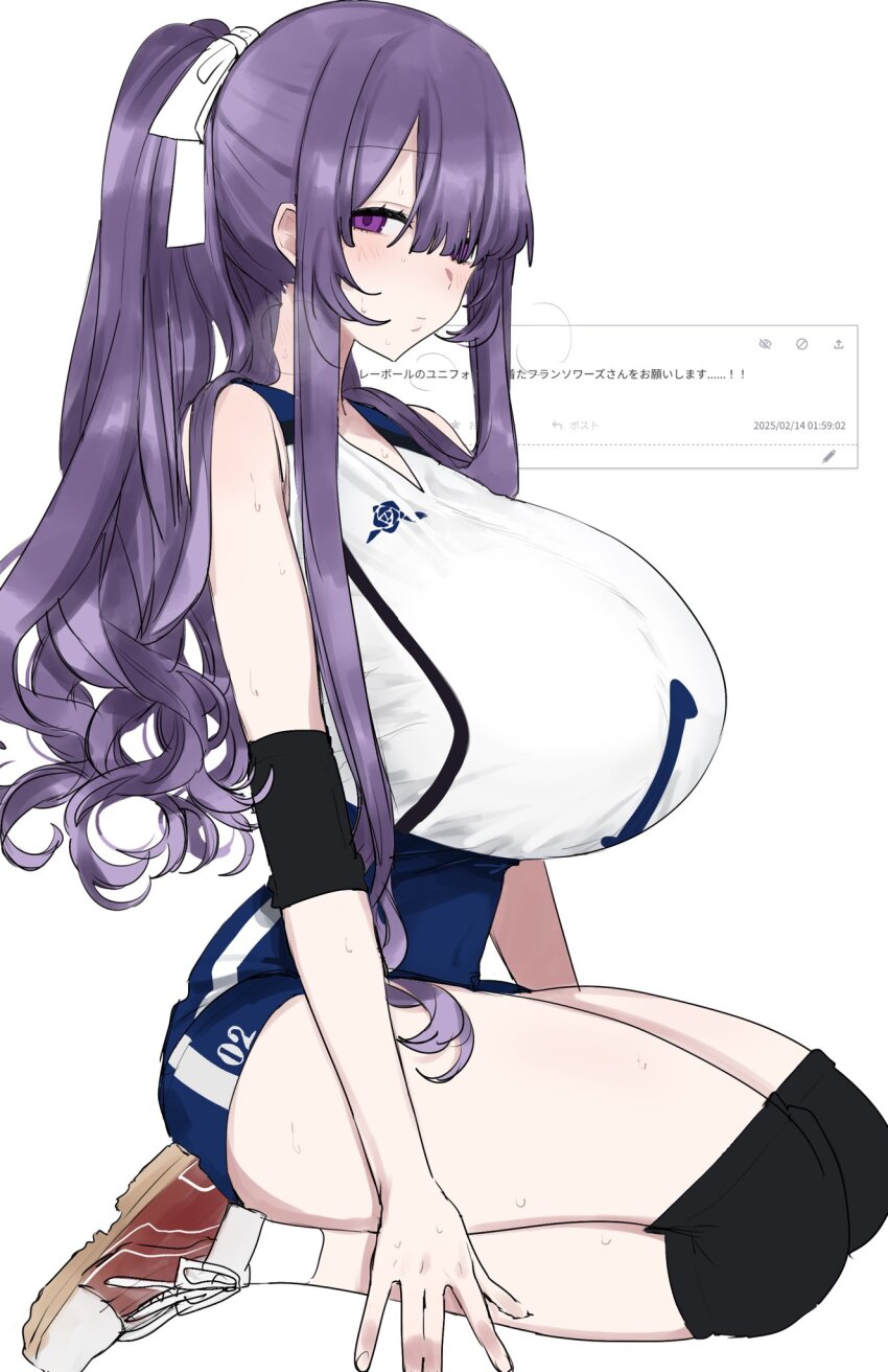 1girl breasts elbow_sleeve eurasia_(wtp09ptw14) francoise_(eurasia) gym_shorts hair_over_one_eye highres huge_breasts knee_pads long_hair looking_at_viewer original ponytail purple_hair seiza shoes shorts sitting sneakers solo sportswear sweat very_long_hair volleyball_uniform