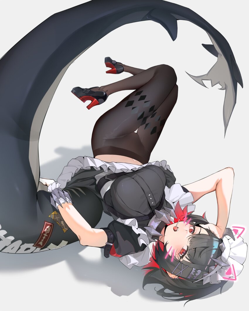 1girl black_hair black_pantyhose blush breasts candy colored_inner_hair ellen_joe fins fish_tail food full_body grey_background highres large_breasts legs_up lollipop looking_at_viewer mole mole_under_eye multicolored_hair navel open_mouth pantyhose red_eyes red_hair shadow shark_girl shark_tail sharp_teeth shuishi_tidu sidelocks simple_background solo tail teeth thighs upside-down zenless_zone_zero