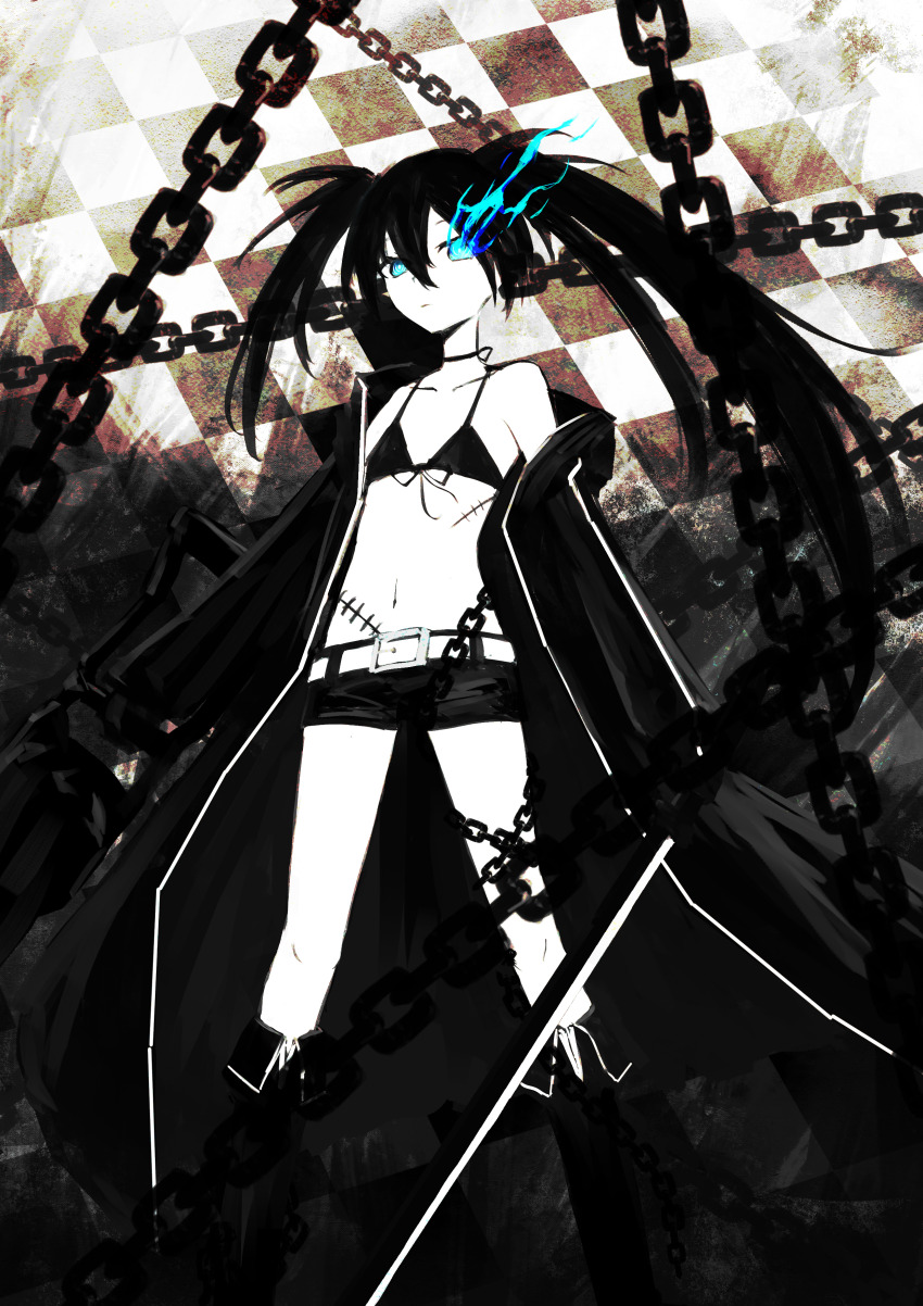 1girl absurdres belt bikini bikini_top_only black_bikini black_boots black_hair black_jacket black_rock_shooter black_rock_shooter_(character) black_shorts blue_eyes boots chain checkered_background choker colored_skin de4d_fish feet_out_of_frame flaming_eye flat_chest front-tie_bikini_top front-tie_top highres holding holding_sword holding_weapon jacket long_hair long_sleeves navel open_clothes open_jacket scar scar_on_stomach short_shorts shorts single_bare_shoulder single_off_shoulder solo standing stomach swimsuit sword twintails very_long_hair weapon white_belt white_skin