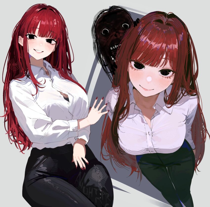 1girl black_eyes black_pants blunt_bangs breasts button_gap cleavage clenched_teeth closed_mouth grey_background high-waist_pants large_breasts long_hair looking_at_viewer monster ms._tsu multiple_views nail_polish no_pupils open_mouth original pants red_hair red_nails shirt smile spiral_print teeth text_print white_shirt