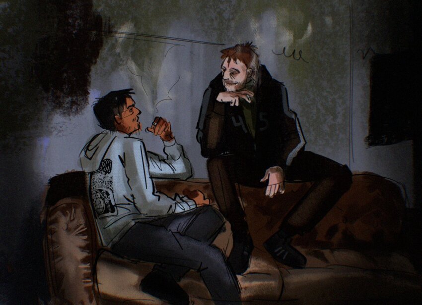 2boys afraid_of_monsters arm_up beard beard_stubble between_legs black_hair black_hoodie brown_hair canvas_texture cigarette couch crossed_legs cry_of_fear dark dark-skinned_male dark_skin david_leatherhoff facial_hair ghoooos grey_hoodie hand_between_legs hand_on_leg hand_on_own_chin holding holding_cigarette hood hood_down hoodie indoors looking_at_another manspreading multiple_boys on_couch print_hoodie short_hair simon_henriksson sitting smoking stubble talking