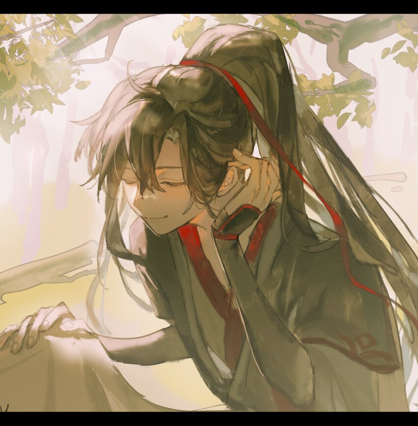 2boys absurdres adjusting_hair ahoge bishounen black_hair black_hanfu branch chinese_clothes closed_eyes closed_mouth eyelashes hair_between_eyes hair_ribbon hand_on_another&#039;s_shoulder hand_up hanfu high_ponytail highres leaf letterboxed long_hair long_sleeves male_focus modao_zushi multiple_boys ponytail red_ribbon ribbon robe sidelocks sleeves_past_wrists smile solo_focus tree upper_body very_long_hair wei_wuxian wide_sleeves xianyu_tuitui