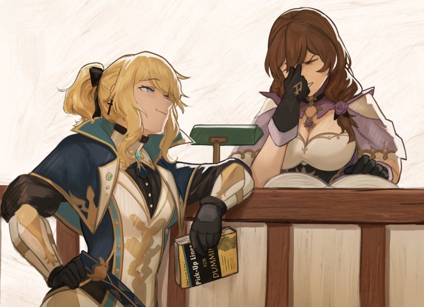 2girls annoyed black_gloves black_shirt blonde_hair blue_eyes book bow breasts brown_hair capelet cleavage cross cross_earrings earrings female_focus for_dummies genshin_impact gloves gold_trim hair_between_eyes hair_bow hair_ornament hair_over_shoulder hand_on_own_hip holding holding_book jean_(genshin_impact) jean_(gunnhildr&#039;s_legacy)_(genshin_impact) jewelry large_breasts lisa_(genshin_impact) long_hair low-tied_long_hair multiple_girls necklace official_alternate_costume open_book pants piethepiegod ponytail rubbing_eyes shirt sidelocks simple_background smirk smug yuri