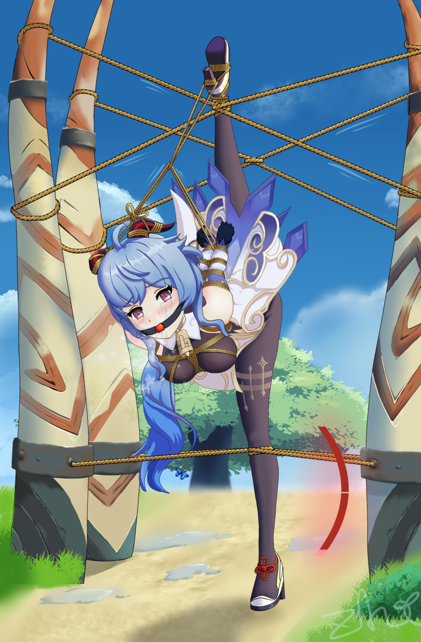 1girl absurdres ahoge arms_behind_back ball_gag bare_shoulders bdsm bell black_gloves blue_hair blush bodystocking bondage bound bound_ankles bound_arms bound_legs bound_wrists breast_bondage breasts detached_sleeves gag gagged ganyu_(genshin_impact) genshin_impact gloves goat_horns gold_trim highres horns immobilization jewelry leotard leotard_under_clothes long_hair looking_at_viewer low_ponytail medium_breasts neck_bell pillar ponytail purple_eyes restrained rope shibari shibari_over_clothes sidelocks solo split standing standing_on_one_leg standing_restraints standing_split thighlet tied_to_stake upright_restraints white_sleeves zhanghx