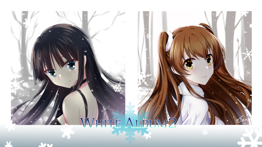 2girls absurdres bare_shoulders black_hair blue_eyes brown_eyes brown_hair cen_(cenll) closed_mouth crying crying_with_eyes_open hair_between_eyes highres hime_cut long_hair looking_at_viewer multiple_girls official_alternate_costume ogiso_setsuna scrunchie smile snowflakes tears touma_kazusa twintails upper_body white_album_(series) white_album_2 white_scrunchie