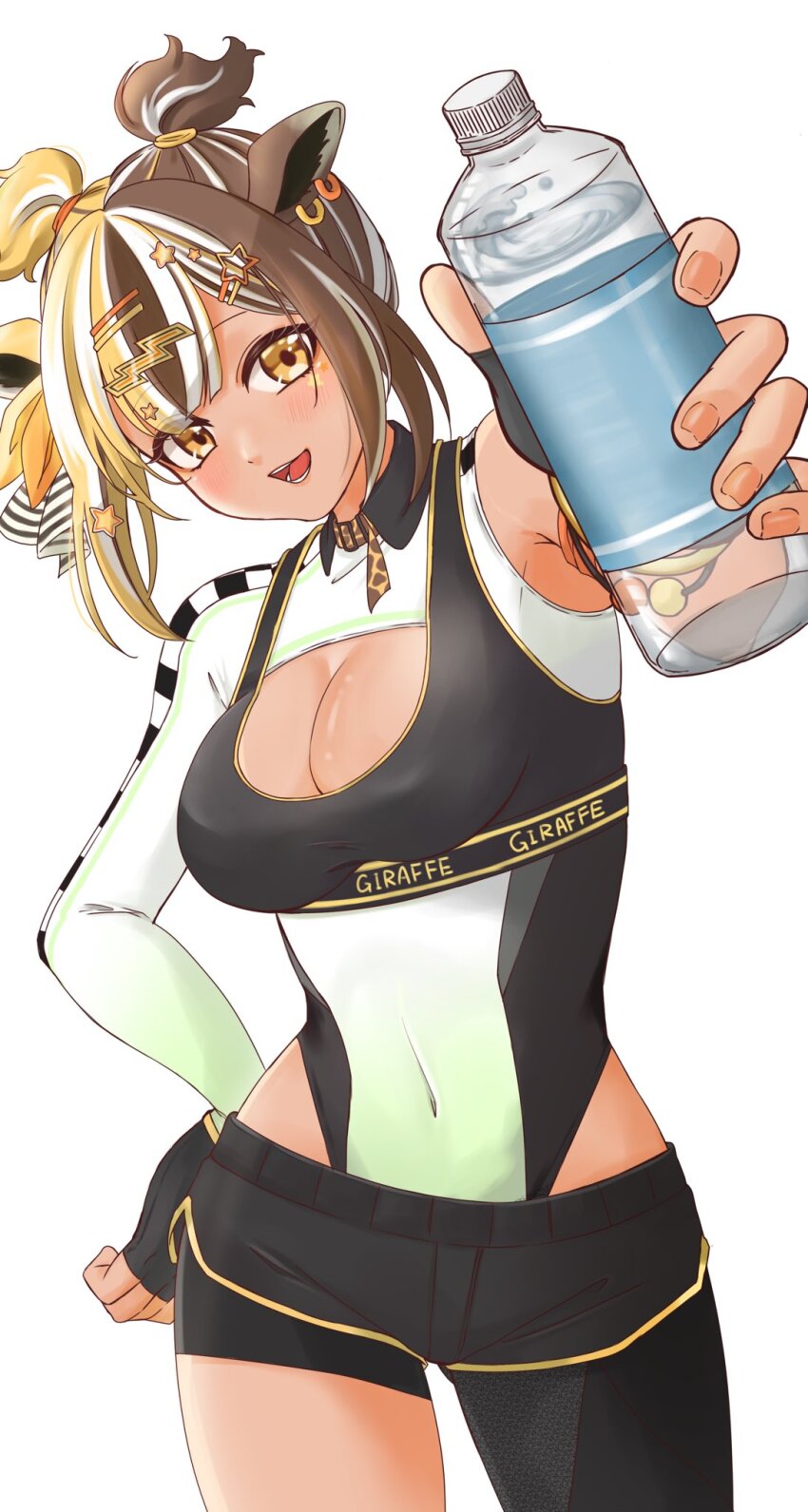 1girl animal_ears asymmetrical_legwear black_gloves black_pants blonde_hair bottle breasts brown_eyes brown_hair cleavage commentary_request covered_navel earrings fingerless_gloves giraffe_ears giraffe_girl globie gloves hair_ornament hairclip hand_on_own_hip highres holding holding_bottle incoming_drink jewelry kiri_kilovolt leotard looking_at_viewer medium_breasts multicolored_hair open_mouth pants roruau short_hair simple_background solo standing star_sticker sticker_on_face streaked_hair two_side_up uneven_legwear virtual_youtuber water_bottle white_background white_hair