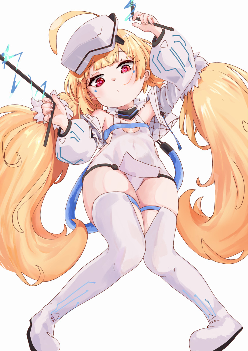 1girl ahoge azur_lane blonde_hair boots breasts closed_mouth commentary_request covered_navel cropped_jacket dot_mouth eldridge_(azur_lane) eldridge_(retrofit)_(azur_lane) electricity head_tilt highres huge_ahoge jacket knees_together_feet_apart long_hair looking_at_viewer low_twintails off_shoulder one-piece_swimsuit open_clothes open_jacket red_eyes sachiko_(54knot_kokeshi) simple_background small_breasts solo swimsuit thigh_boots thigh_strap thighs twintails very_long_hair white_background white_boots white_jacket white_one-piece_swimsuit