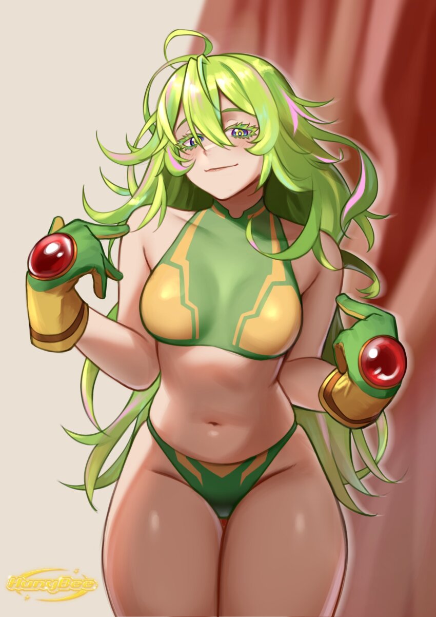 1girl absurdres bikini boku_no_hero_academia breasts closed_mouth commentary english_commentary gloves green_bikini green_eyes green_gloves green_hair hagakure_toru highres hunybee long_hair looking_at_viewer medium_breasts multicolored_hair navel pink_hair pointing pointing_at_self solo swimsuit thick_eyelashes unusually_visible