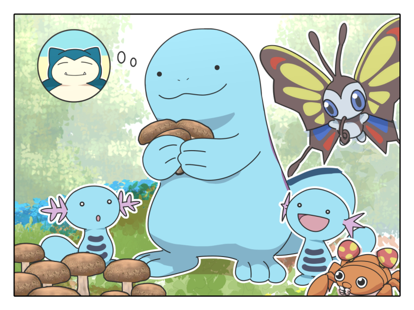 :d beautifly black_eyes blue_eyes bright_pupils closed_mouth commentary_request day gen_1_pokemon gen_2_pokemon gen_3_pokemon mushroom nintendo no_humans open_mouth outdoors outline paras pokemon pokemon_(creature) quagsire smile snorlax solid_circle_eyes speech_bubble standing thought_bubble trinitro_t white_pupils wooper