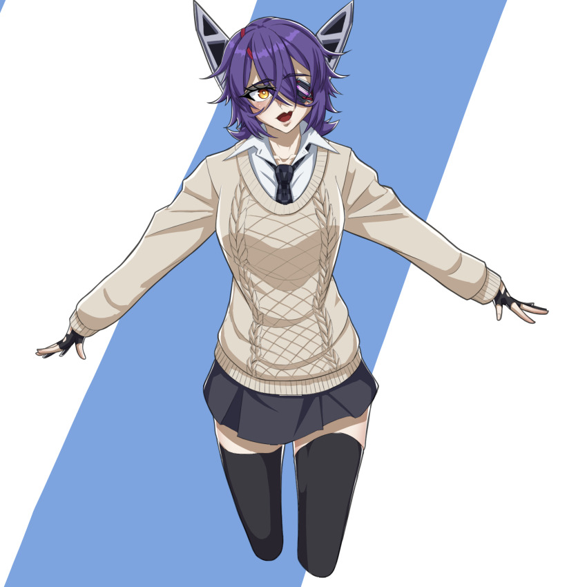 1girl black_gloves black_thighhighs breasts brown_sweater casual collarbone collared_shirt commentary cropped_legs english_commentary eyepatch fang gloves hair_between_eyes headgear highres kantai_collection long_sleeves looking_at_viewer medium_breasts one_eye_covered open_mouth orange_eyes outstretched_arms partially_fingerless_gloves purple_hair shirt short_hair simple_background skin_fang solo sweater tenryuu_(kancolle) thighhighs timq white_shirt