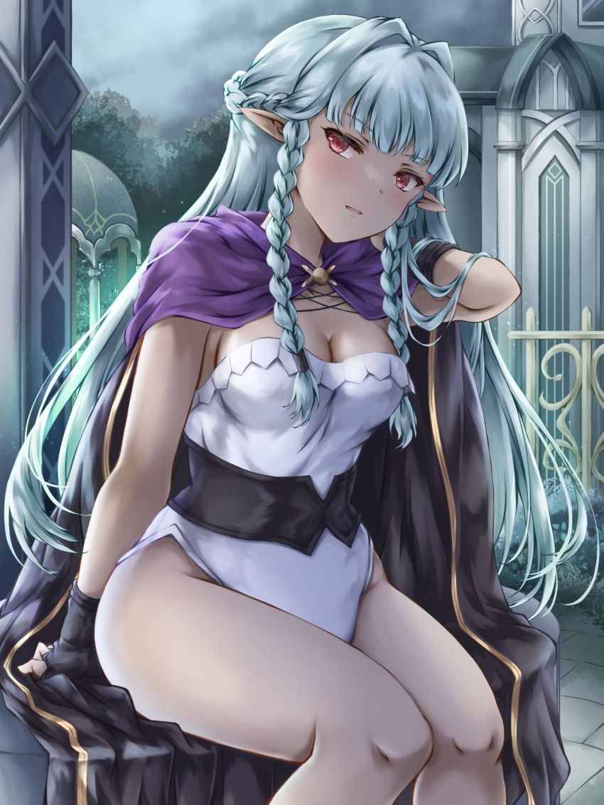 1girl aqua_hair black_cape blush braid breasts cape capelet cleavage cloud cloudy_sky commentary_request dark-skinned_female dark_elf dark_skin elf gold_trim hair_intakes highres kei_(asufend) leotard long_hair looking_at_viewer medium_breasts outdoors pointy_ears purple_capelet red_eyes rosalinde_(unicorn_overlord) sitting sky solo strapless strapless_leotard thighs twin_braids unicorn_overlord white_leotard