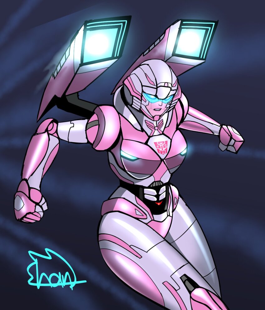 1girl arcee autobot blue_eyes blue_visor breasts commentary english_commentary helmet highres humanoid_robot insignia medium_breasts metal_skin pink_lips redesign robot robot_girl science_fiction shan_4rt solo thighs transformers