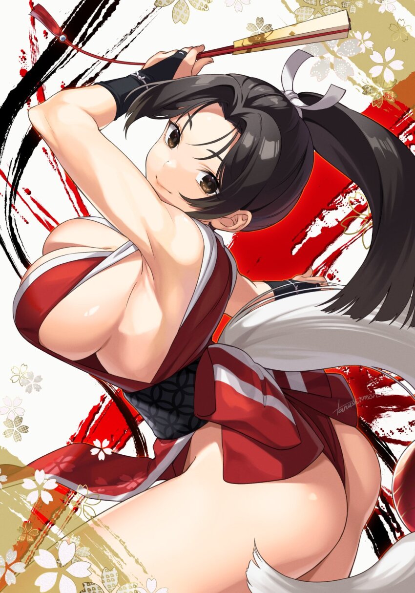 1girl ass bad_tag black_hair breasts crossover fatal_fury high_ponytail highres large_breasts looking_at_viewer ninja ponkichi_(hazama_senkonmeiraku) ponytail revealing_clothes shiranui_mai smile solo street_fighter street_fighter_6 the_king_of_fighters thighs thong