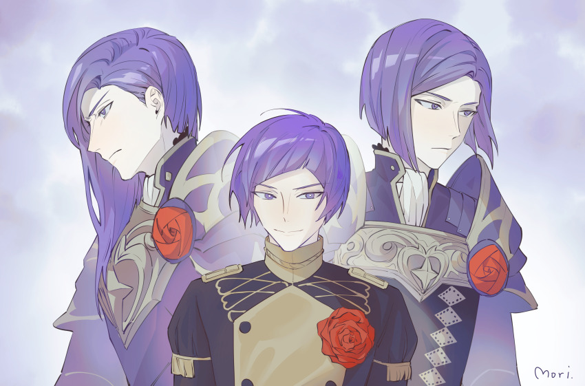 age_progression armor ascot breastplate closed_mouth commentary dual_persona english_commentary fire_emblem fire_emblem:_three_houses fire_emblem_warriors:_three_hopes flower furrowed_brow garreg_mach_monastery_uniform highres long_hair looking_to_the_side lorenz_hellman_gloucester male_focus nintendo nomoyu parted_bangs parted_hair pauldrons purple_armor purple_eyes purple_hair red_flower red_rose rose school_uniform short_hair shoulder_armor sideways_glance smile upper_body white_ascot
