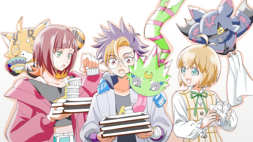 1girl 2boys absurdres artist_request bat_wings chiropmon digimon digimon_(creature) digimon_beatbreak gekkomon glasses group_picture highres jacket kuonji_makoto multicolored_hair multiple_boys multiple_others official_art open_clothes open_jacket open_mouth pristimon round_eyewear sakuya_reina shirt short_hair simple_background stuffed_toy tenma_tomoro toei_company two-tone_hair white_background wings
