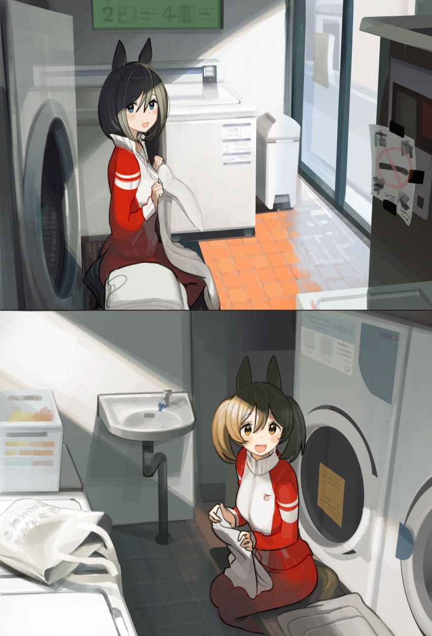 2girls animal_ears ashinowoto bag bench black_shirt blue_eyes blush breasts brown_eyes brown_hair clothes eishin_flash_(umamusume) folding_clothes highres horse_ears horse_girl horse_tail indoors jacket laundry_basket long_sleeves medium_hair multiple_girls open_mouth panties red_jacket red_panties shirt sink sitting sliding_doors small_breasts smart_falcon_(umamusume) smile tail top-load_washing_machine towel track_jacket trash_can twintails umamusume underwear washing_machine