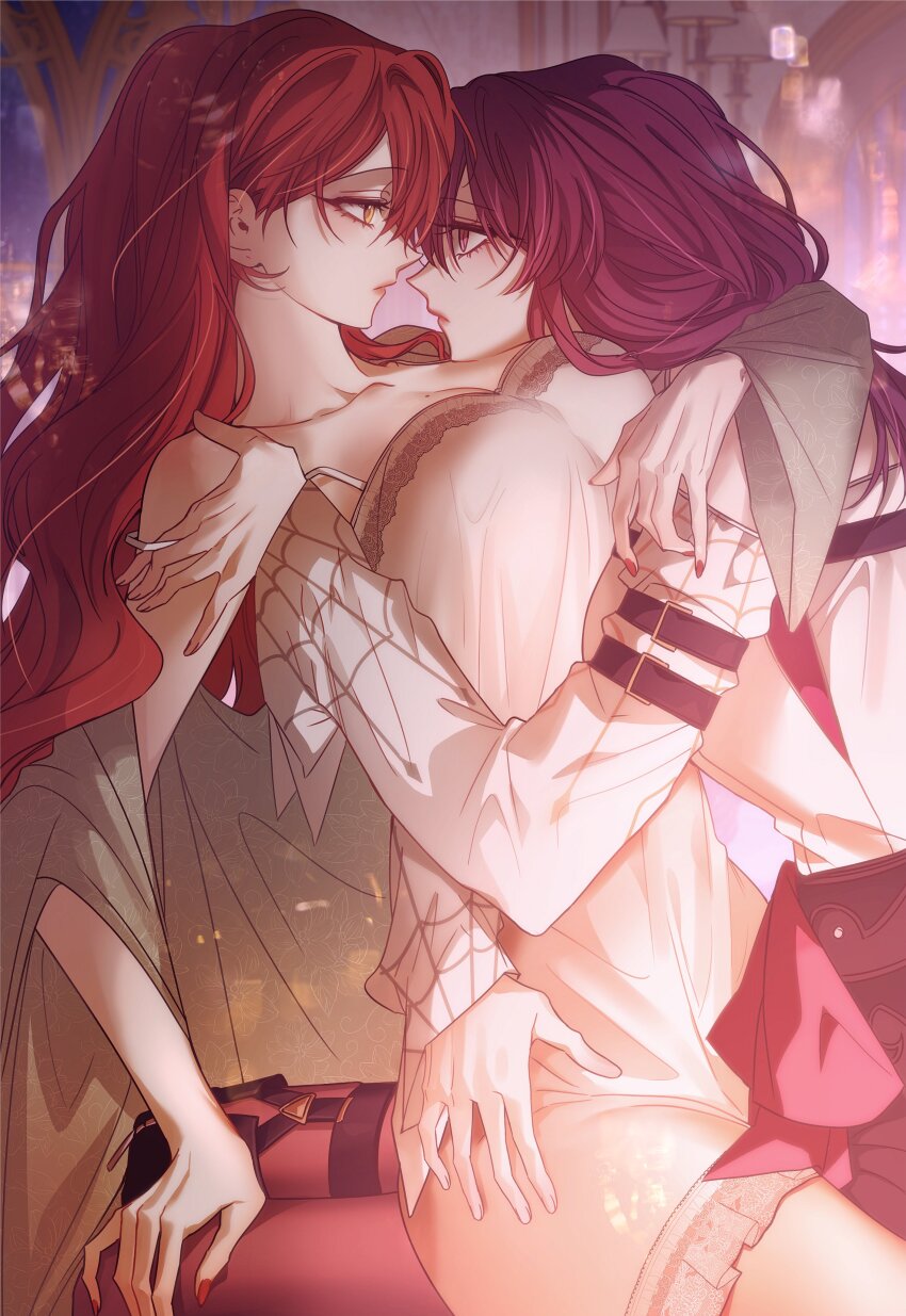 2girls absurdres arm_around_back arm_around_shoulder arm_belt belt bent_over_backwards black_belt breasts brown_eyes cleavage dress expressionless fingernails hair_between_eyes hand_on_another&#039;s_leg hand_on_another&#039;s_shoulder highres himeko_(honkai:_star_rail) honkai:_star_rail honkai_(series) indoors kafka_(honkai:_star_rail) lamp large_breasts long_hair looking_at_another looking_at_viewer multiple_girls omegiricecake pantyhose purple_eyes purple_hair purple_pantyhose red_hair shirt sidelocks sitting sitting_on_lap sitting_on_person white_dress white_shirt yuri