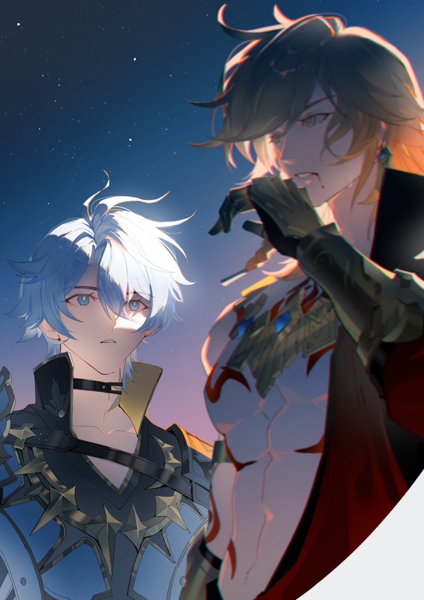 2boys absurdres antenna_hair armor armored_gloves bare_pectorals black_choker black_coat black_shirt blonde_hair blood blood_from_mouth blue_eyes braid chest_tattoo chinese_commentary choker coat collared_coat collared_shirt commentary_request earrings gold_armlet gold_earrings gold_necklace gold_trim gradient_hair guaisanmu hair_between_eyes hand_up highres honkai:_star_rail honkai_(series) jewelry looking_at_another male_focus medium_hair multicolored_hair multiple_boys mydei_(honkai:_star_rail) necklace night night_sky open_clothes open_coat parted_lips pauldrons pectorals phainon_(honkai:_star_rail) red_hair red_tattoo shirt short_hair shoulder_armor side_braid single_pauldron sky tattoo toned toned_male white_coat white_hair wiping_mouth yellow_eyes