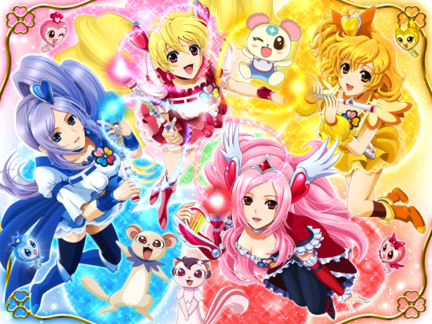 00s 4girls akarun animal aono_miki azukina_(fresh_precure!) blonde_hair blue_eyes blue_hair blue_skirt brown_eyes burun chiffon_(fresh_precure!) choker cure_berry cure_passion cure_peach cure_pine detached_sleeves fresh_precure! hair_ornament head_wings heart heart_hair_ornament higashi_setsuna instrument kirun long_hair looking_up magical_girl momozono_love multiple_girls pink_hair pirun precure red_eyes sekken_kasu_barrier skirt tart_(fresh_precure!) thighhighs white_choker wings yamabuki_inori