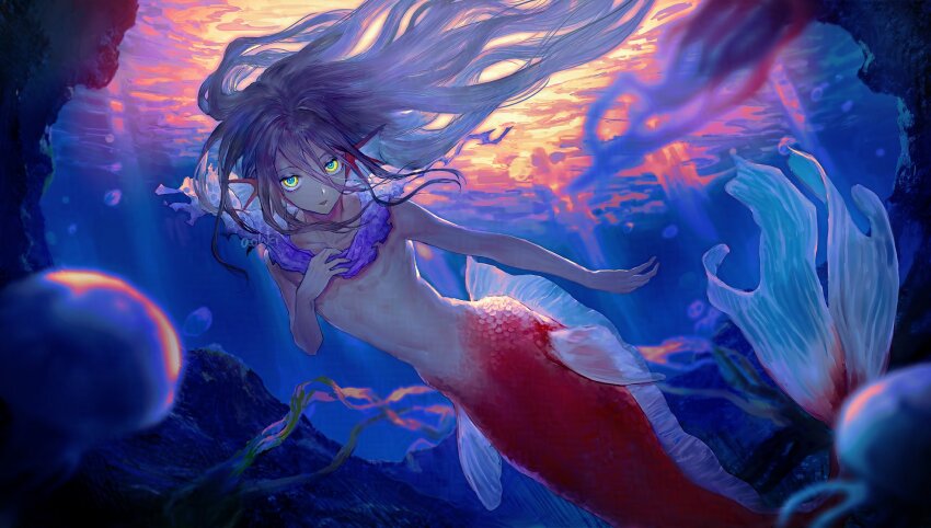 1boy air_bubble blue_eyes bubble fins head_fins highres jellyfish long_hair looking_at_viewer male_focus merman monster_boy multicolored_eyes navel open_mouth original purple_hair red_scales scarf solo two-tone_eyes underwater waterstaring yellow_eyes